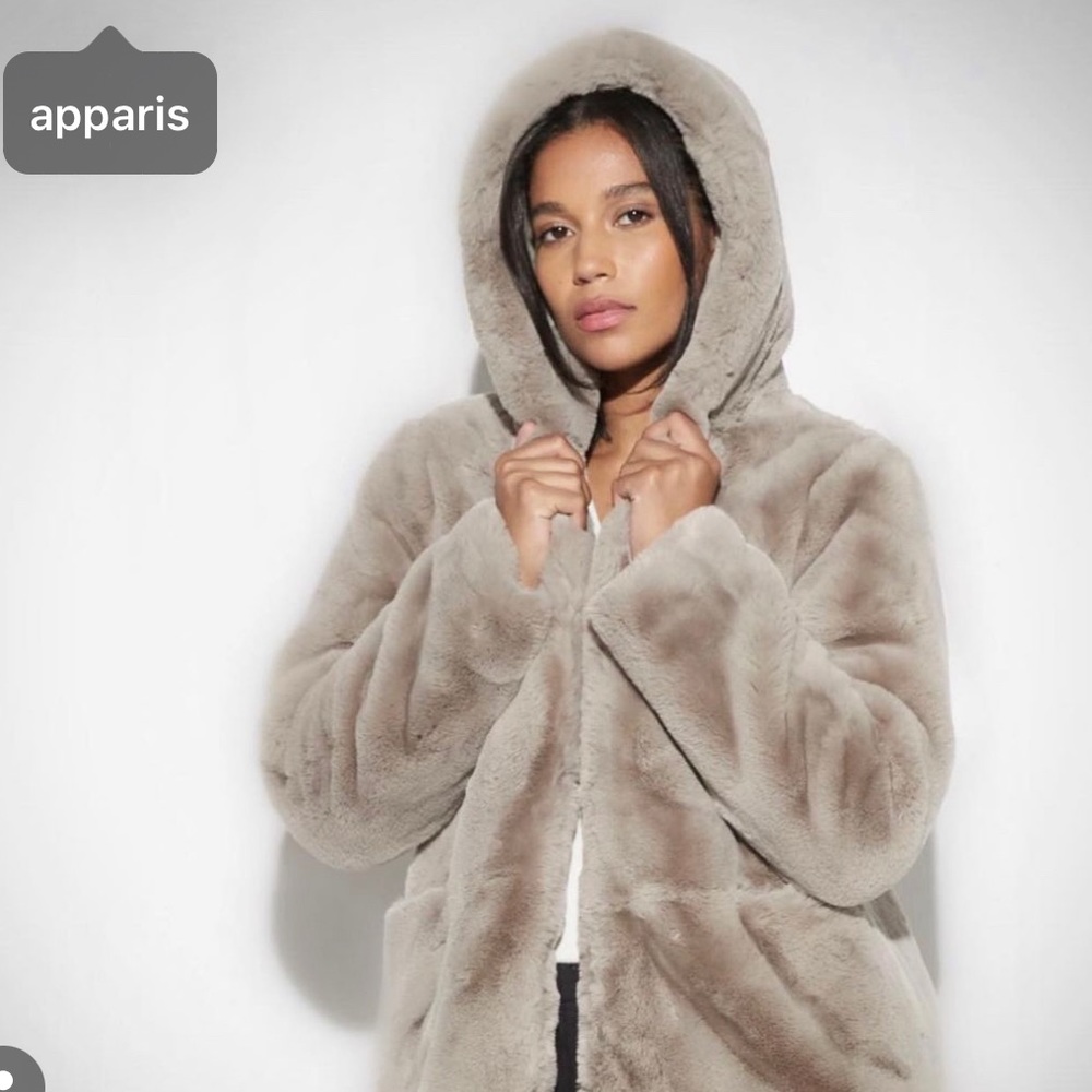 APPARIS “Maria” Faux Fur Hooded Jacket “Olive” Colorway 3/4 Length